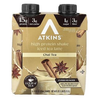 Atkins, 冰茶拿鐵蛋白質奶昔，印度茶，4 杯奶昔，每杯 11 液量盎司（325 毫升）