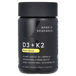 Sports Research, D3 + K2，植物基，62.5 微克/100 微克，60 粒素食軟膠囊
