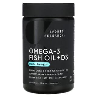 Sports Research, Omega-3 魚油 + D3，三倍功效，1040 毫克和 62.5 微克（2500 國際單位），120 粒軟膠囊